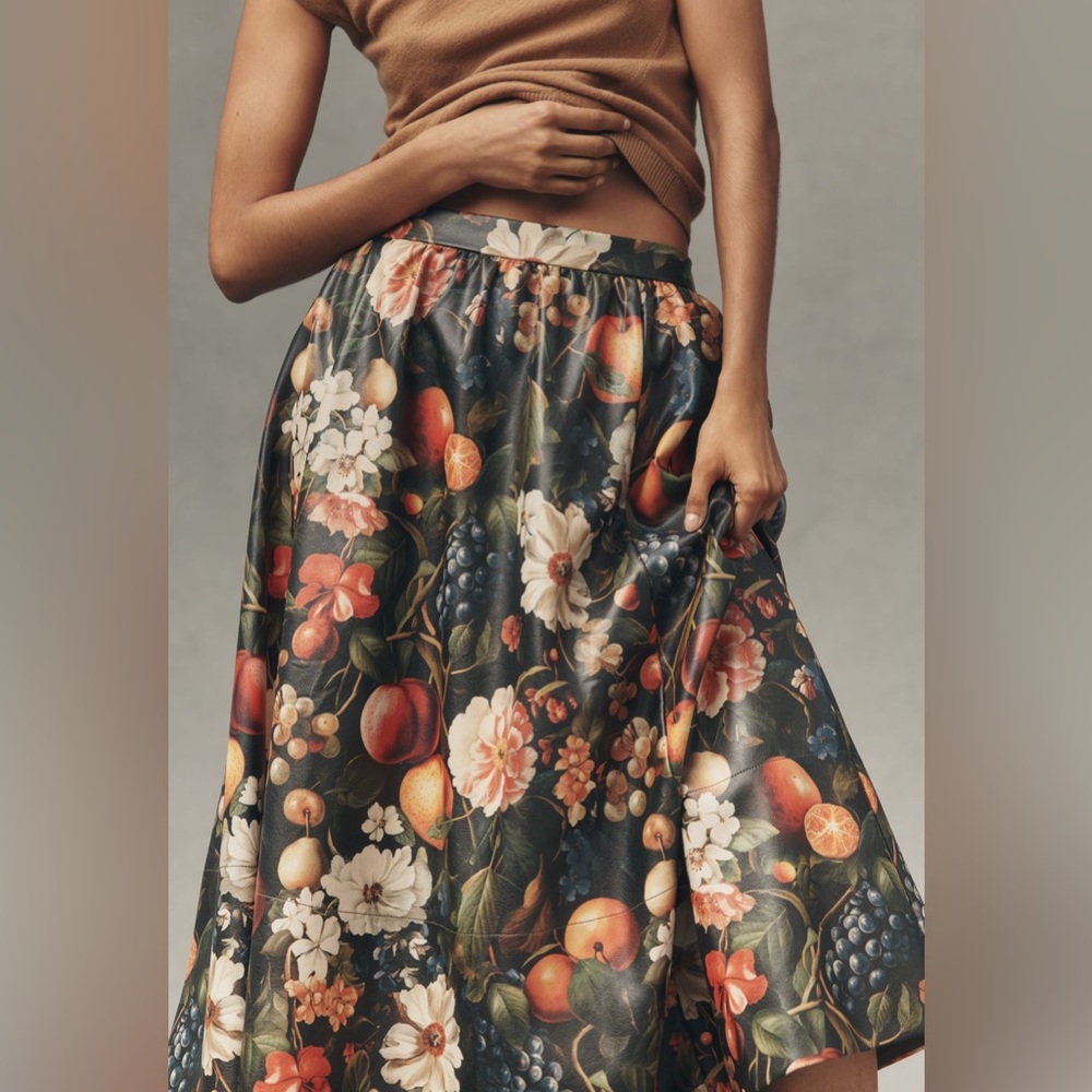 NWT! Anthropologie Multi Floral Jacie Faux Leather Midi Skirt by Maeve 👝 - Picture 4 of 9